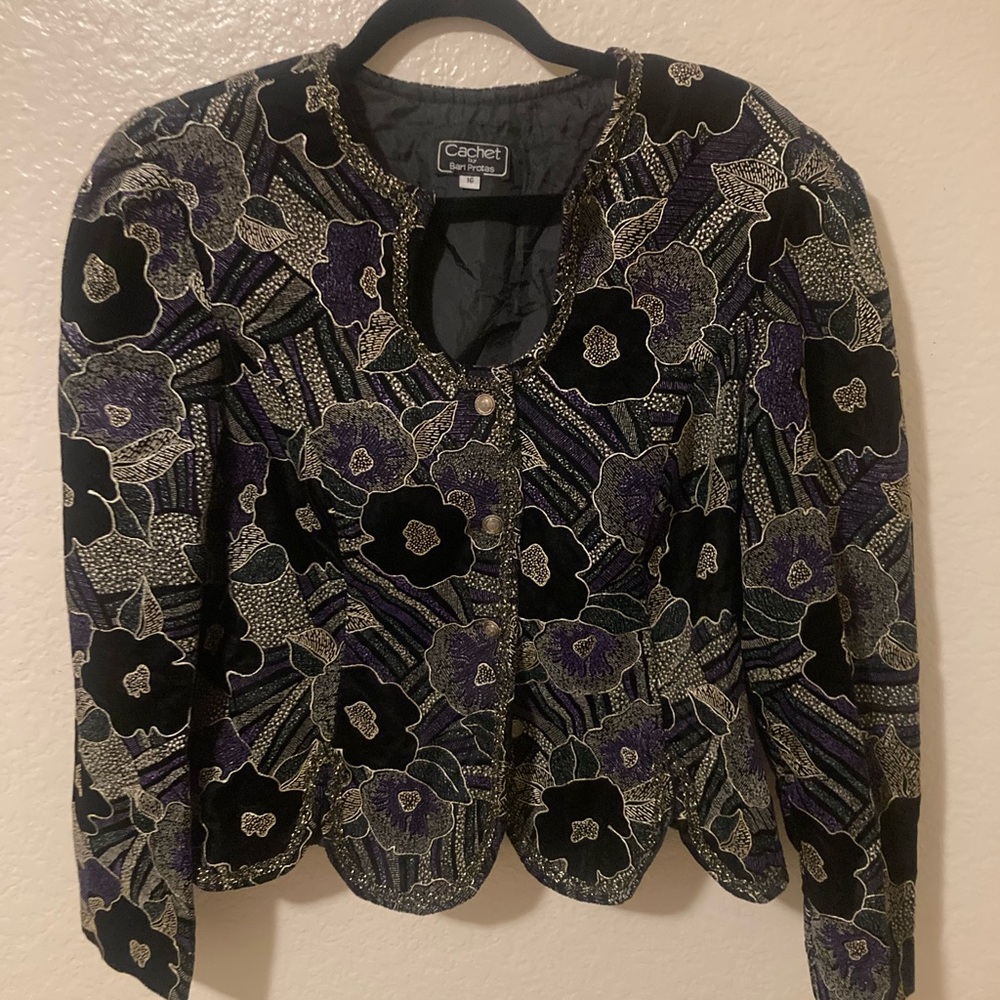 Cachet  by bari protas Women's Elegant Black and Purple Patterned Blazer